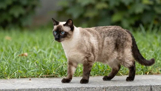 A side profile Siamese cat with blue eyes stands on a stone step beside green garden grass