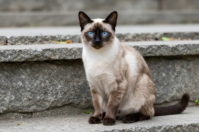 A Siamese cat with bright blue eyes sits upright on rough gray stone garden steps.