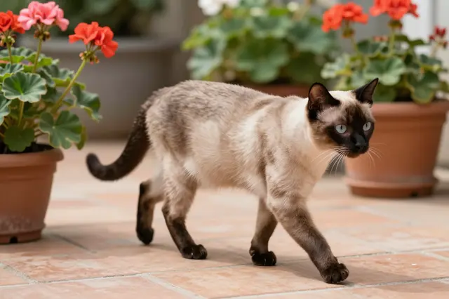 A slender Siamese cat walks across a terracotta patio surrounded by potted geraniums.