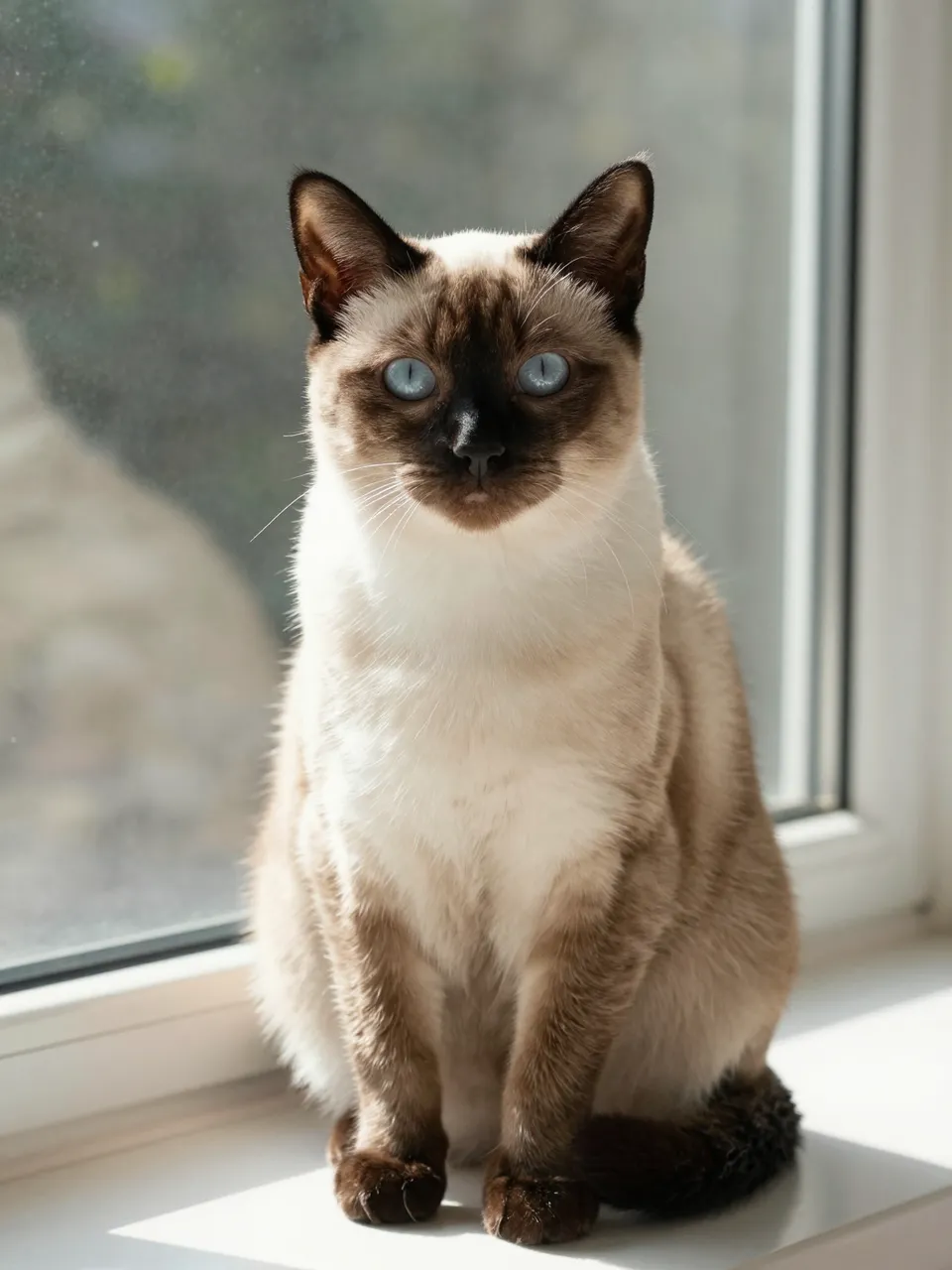 A cream and chocolate point Siamese cat with bright blue eyes sits upright on a bright windowsill beside a window