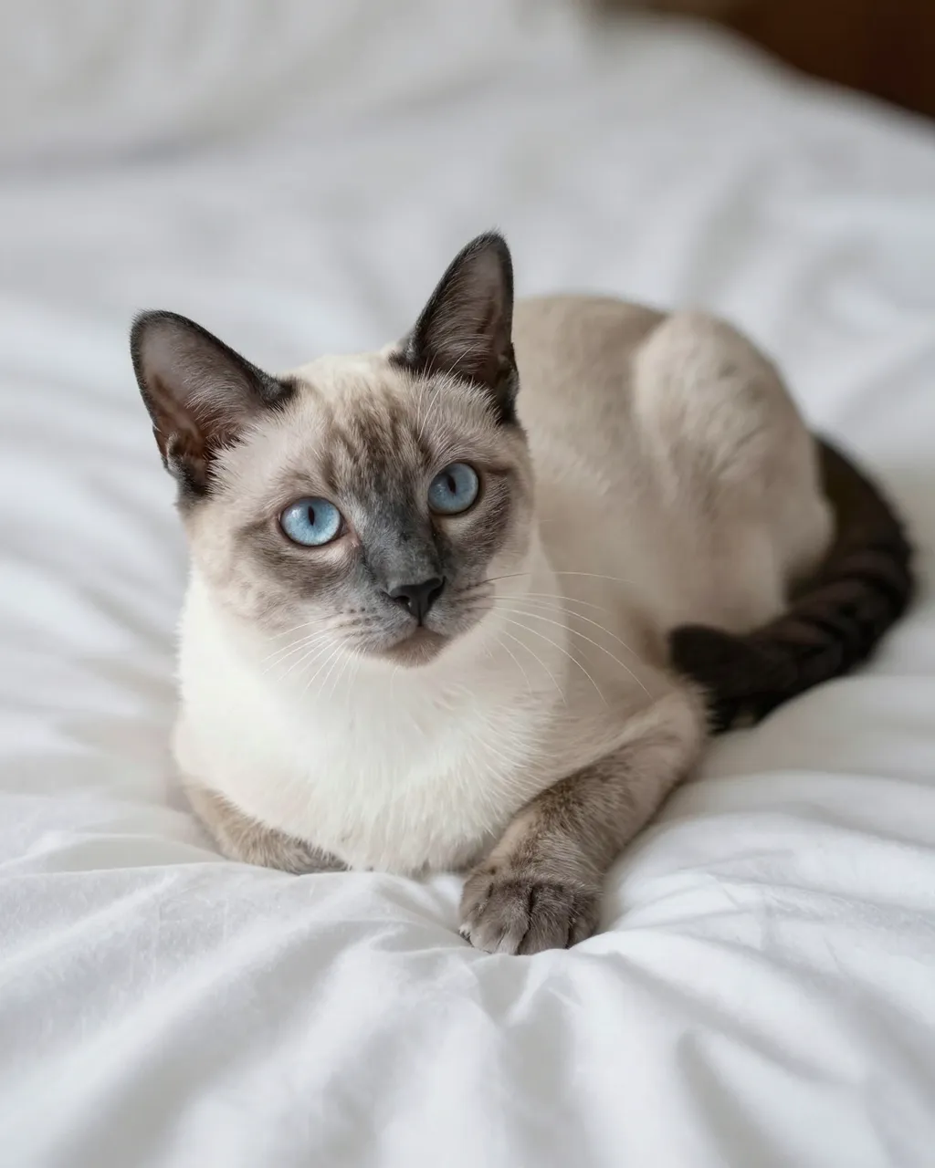 A Siamese cat with pale gray points and bright blue eyes rests calmly on a soft white bed duvet.
