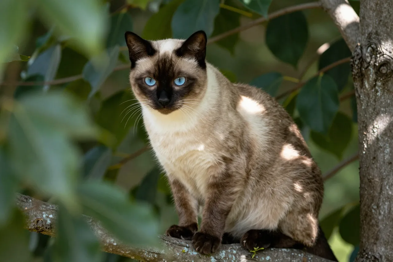 A Siamese cat with bright blue eyes sits on a tree branch in dappled garden light