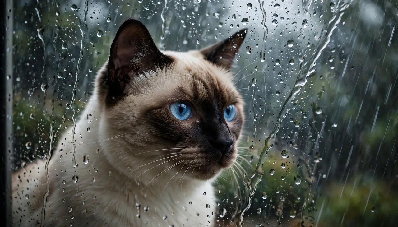 A blue-eyed Siamese cat looks out through a window covered in streaking rain droplets