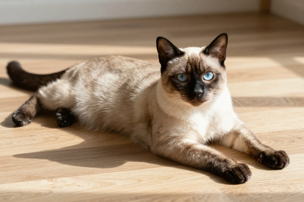 A Siamese cat with bright blue eyes stretches and rests on a sunlit wooden floor, looking at the camera.