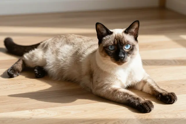 A Siamese cat with bright blue eyes stretches and rests on a sunlit wooden floor, looking at the camera.
