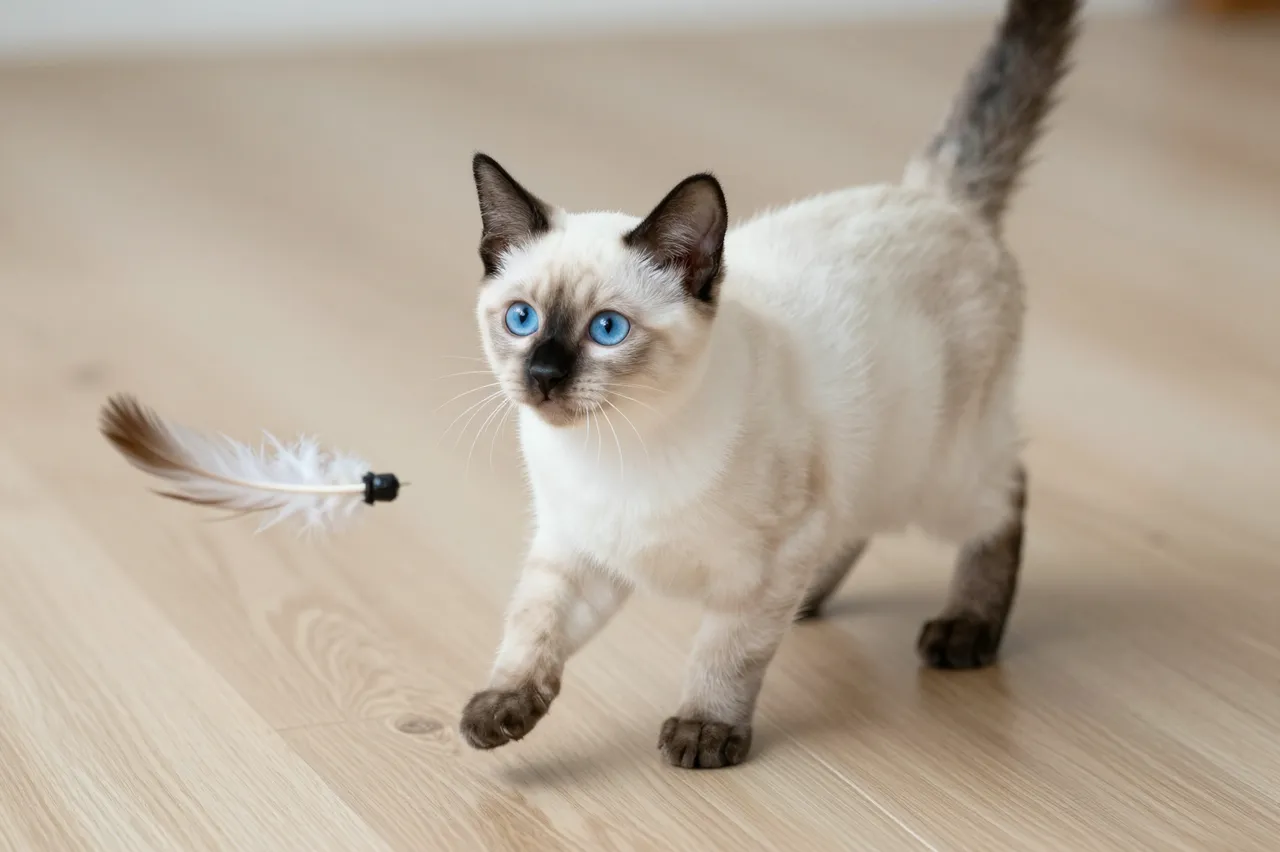 A pale cream Siamese kitten with bright blue eyes approaches a feather cat toy on a light wooden floor.