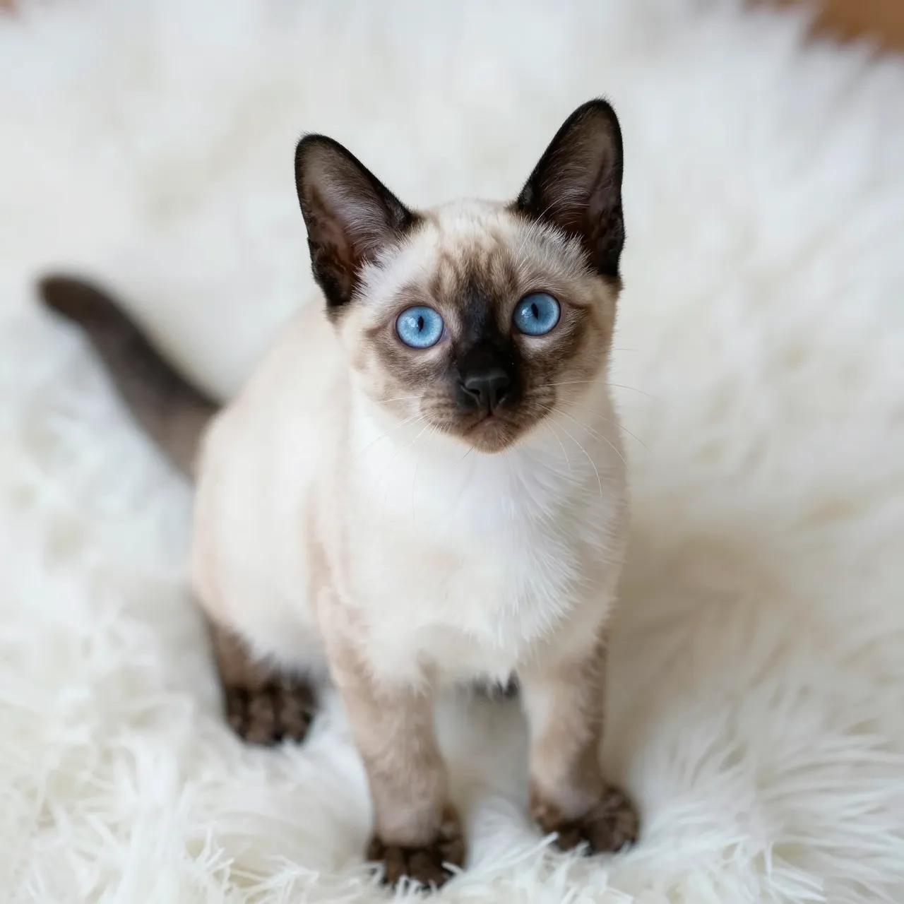A Siamese kitten with bright blue eyes sits facing the camera on a soft white fur rug.