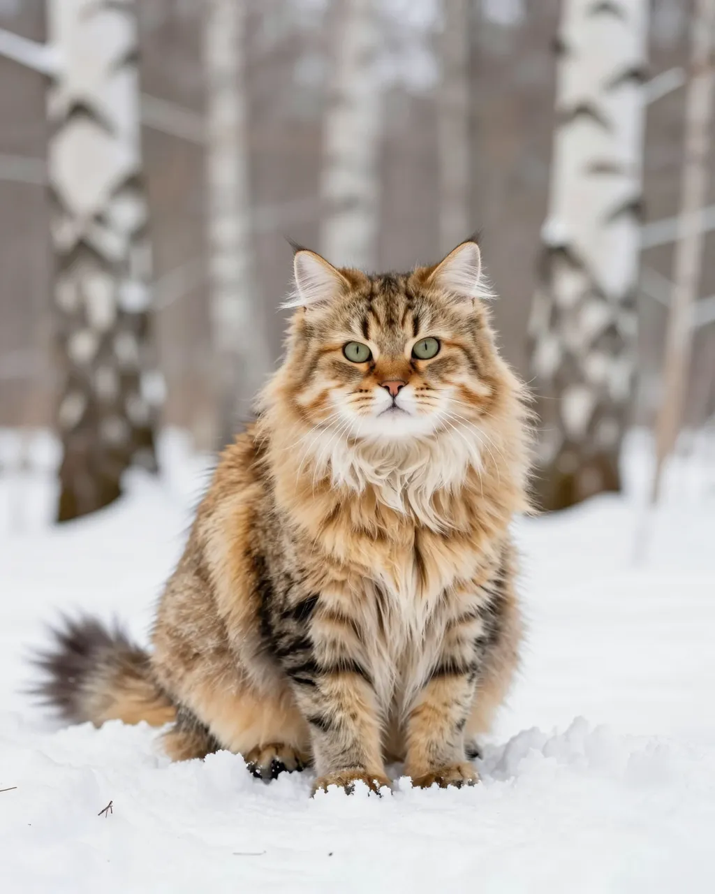 Fluffy golden tabby Siberian cat sits upright in deep snow among winter birch trees