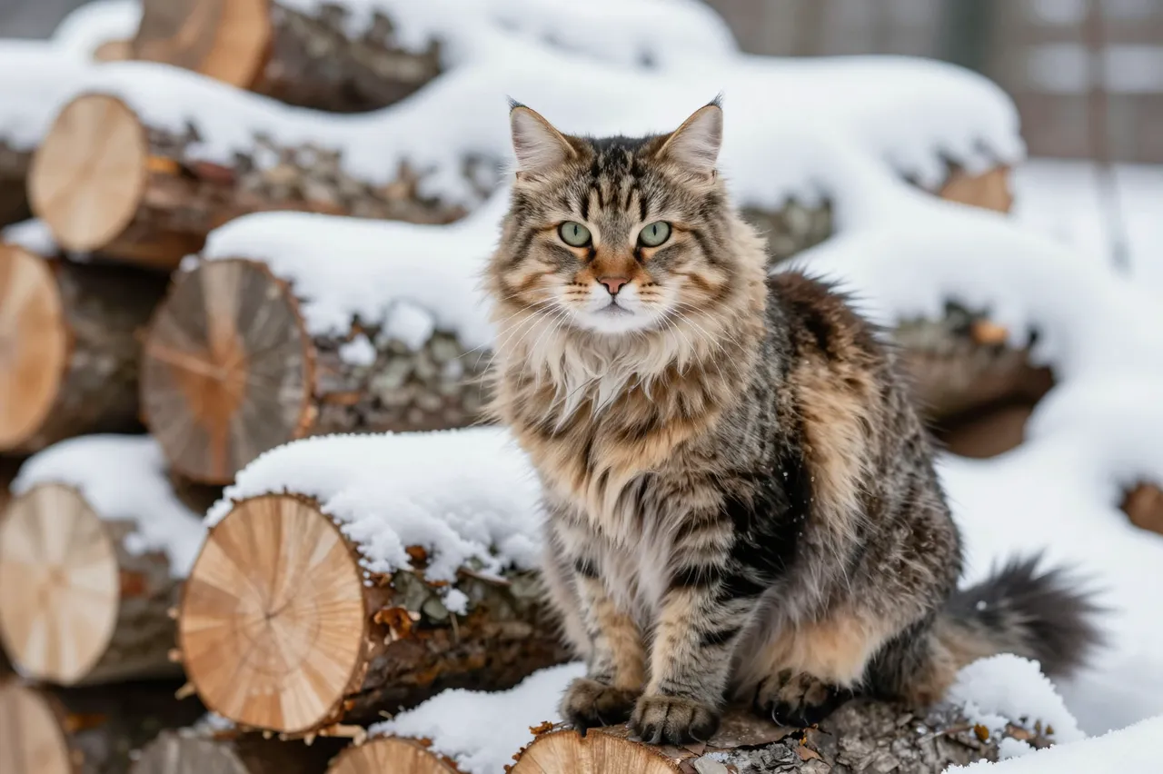 Fluffy tabby Siberian cat sits upright on a snow-covered stack of cut firewood
