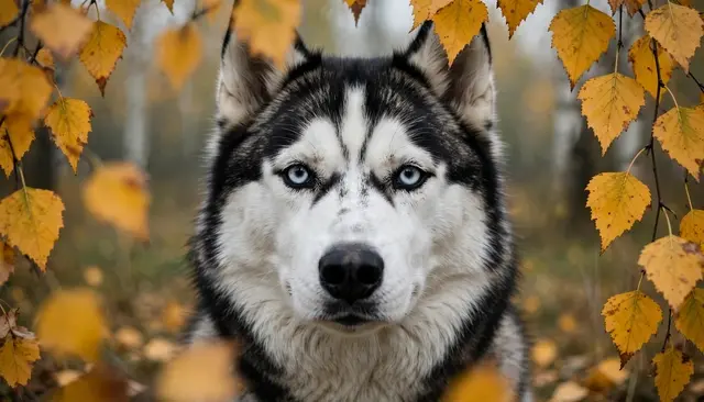 A Siberian husky with pale blue eyes gazes directly at the camera, framed by golden birch leaves in an autumn forest