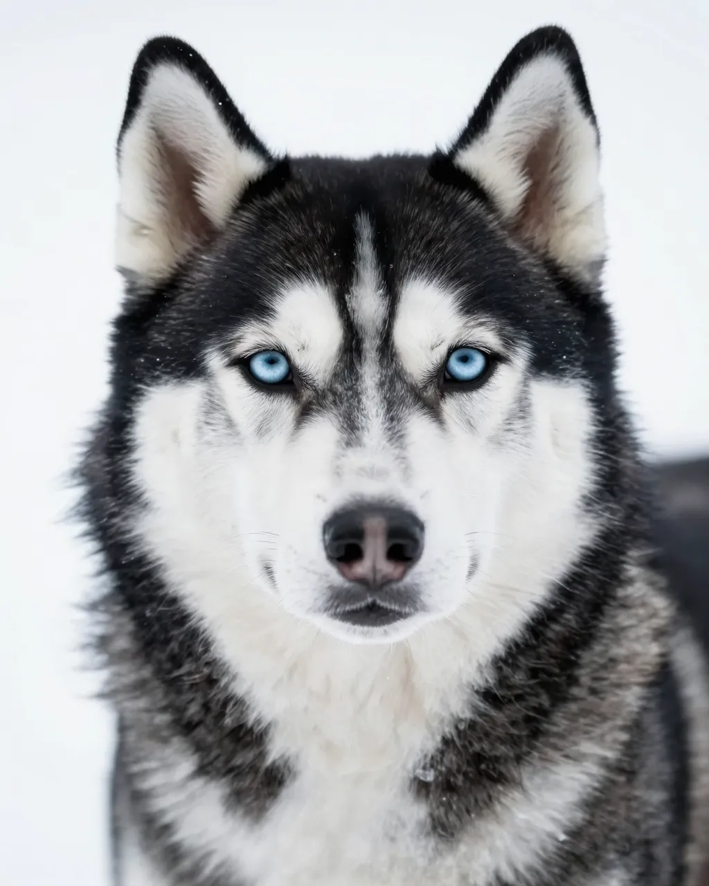 Close-up head portrait of a black and white Siberian Husky with bright ice-blue eyes against a pale white backdrop