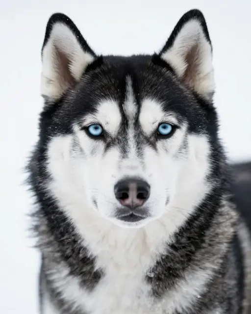 Close-up head portrait of a black and white Siberian Husky with bright ice-blue eyes against a pale white backdrop