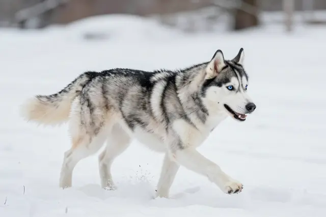 Side view of a gray and white Siberian Husky with bright blue eyes moving through deep winter snow