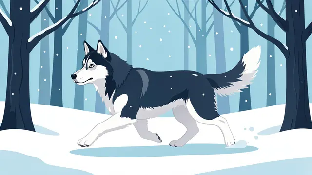 Side view flat vector illustration of a Siberian husky running through a snowy winter forest as snow falls