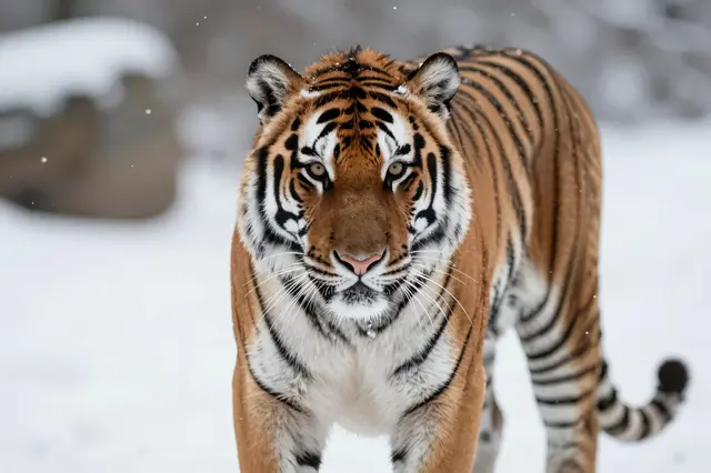 A thick furred tiger stands on snow as light snow falls around it