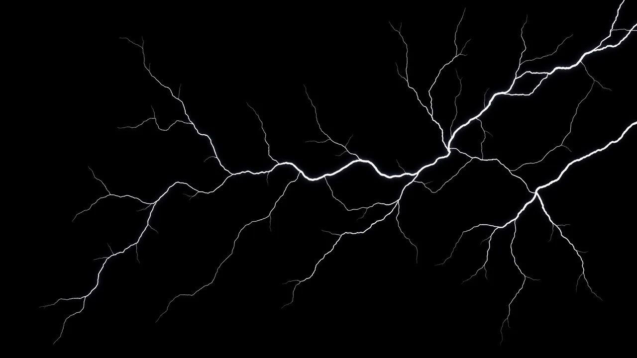 Bright branching horizontal lightning strikes spread across a solid pure black background