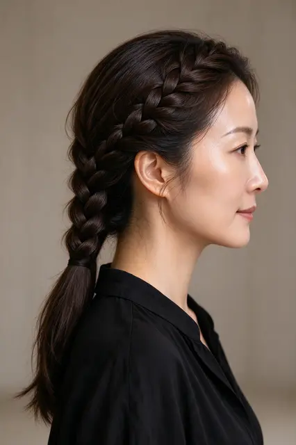 Profile view of an East Asian woman in her thirties showing a side French braid hairstyle