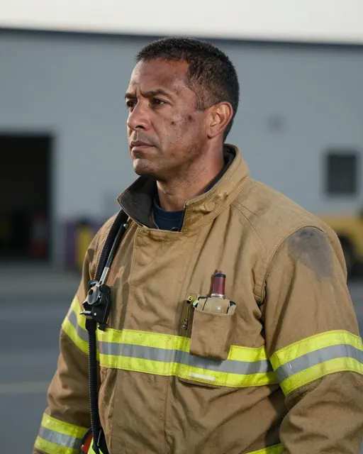 Middle-aged mixed-race firefighter with soot on his face stands outside in tan turnout gear in soft evening light