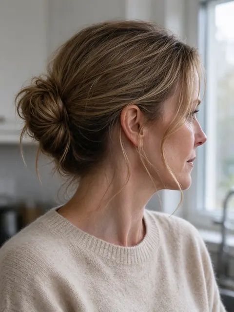 Side profile view of a woman in her forties with a messy low bun, standing near a bright kitchen window in an oatmeal sweater