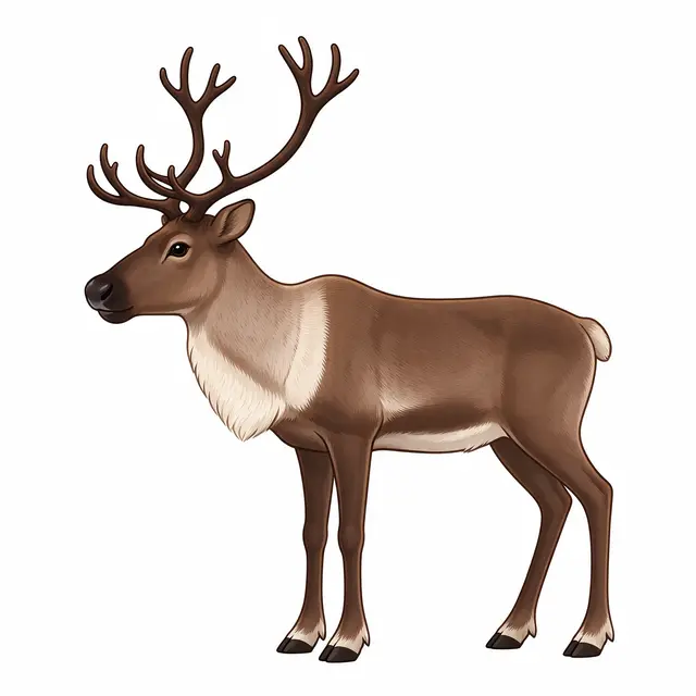 A side profile illustration of a reindeer with branching antlers and cream chest isolated on white