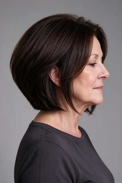 Profile side view of a mature woman in her fifties with a stacked inverted bob haircut against a plain gray background.