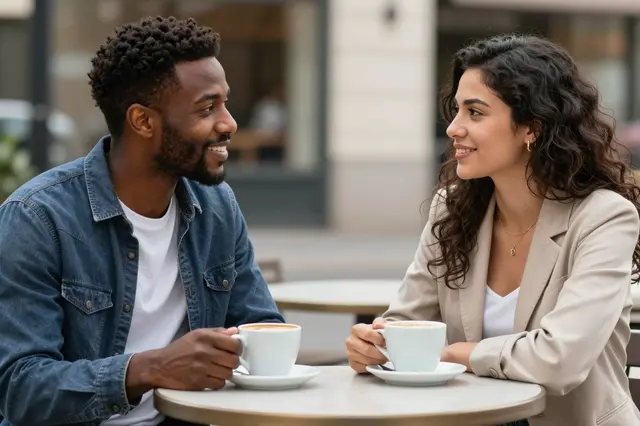 A smiling Black man and Latina woman in their thirties sit across from each other at an outdoor cafe table holding coffee