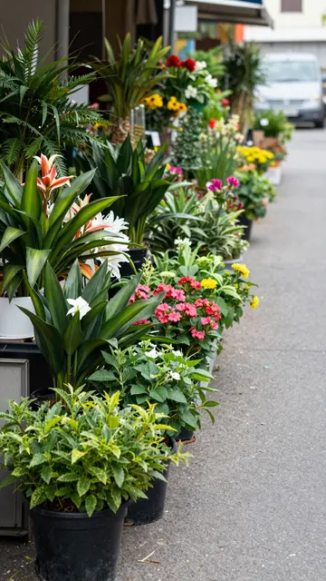 Row of potted flowering plants and foliage lines a narrow paved street next to a shop front.