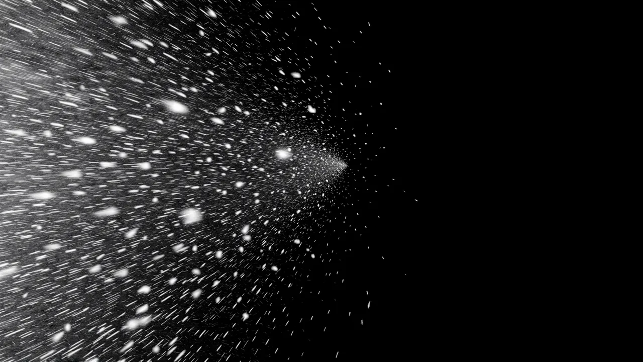 Diagonal blowing snow streaks enter from the left against a solid pure black background