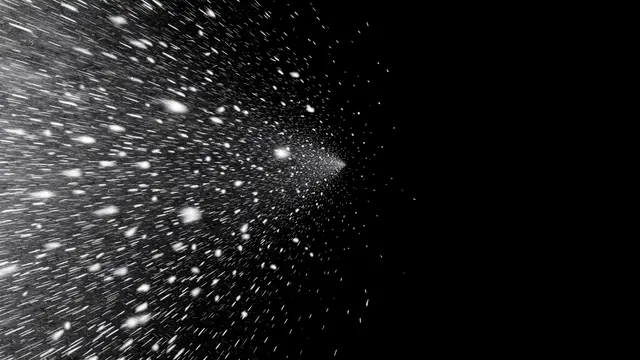 Diagonal blowing snow streaks enter from the left against a solid pure black background