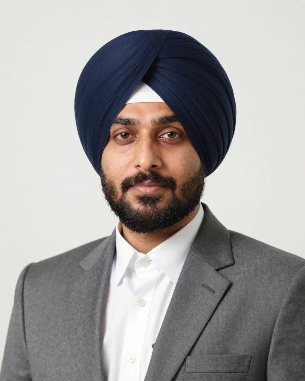 Studio headshot of a South Asian Sikh man in a navy turban and gray suit against a plain white backdrop