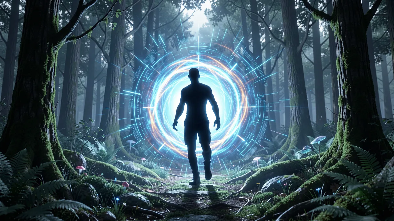 A person silhouette walks toward a bright futuristic portal in a misty mossy forest