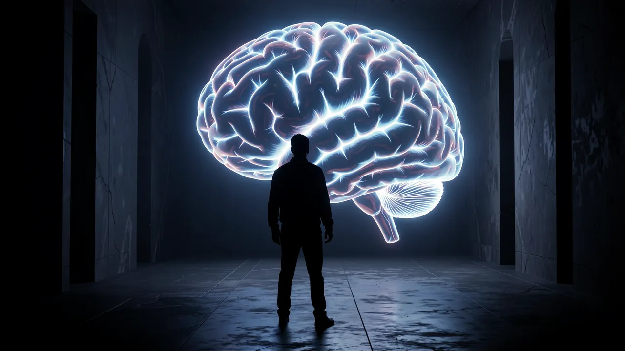 A person silhouette stands in a dark hall facing a giant glowing neon brain of light
