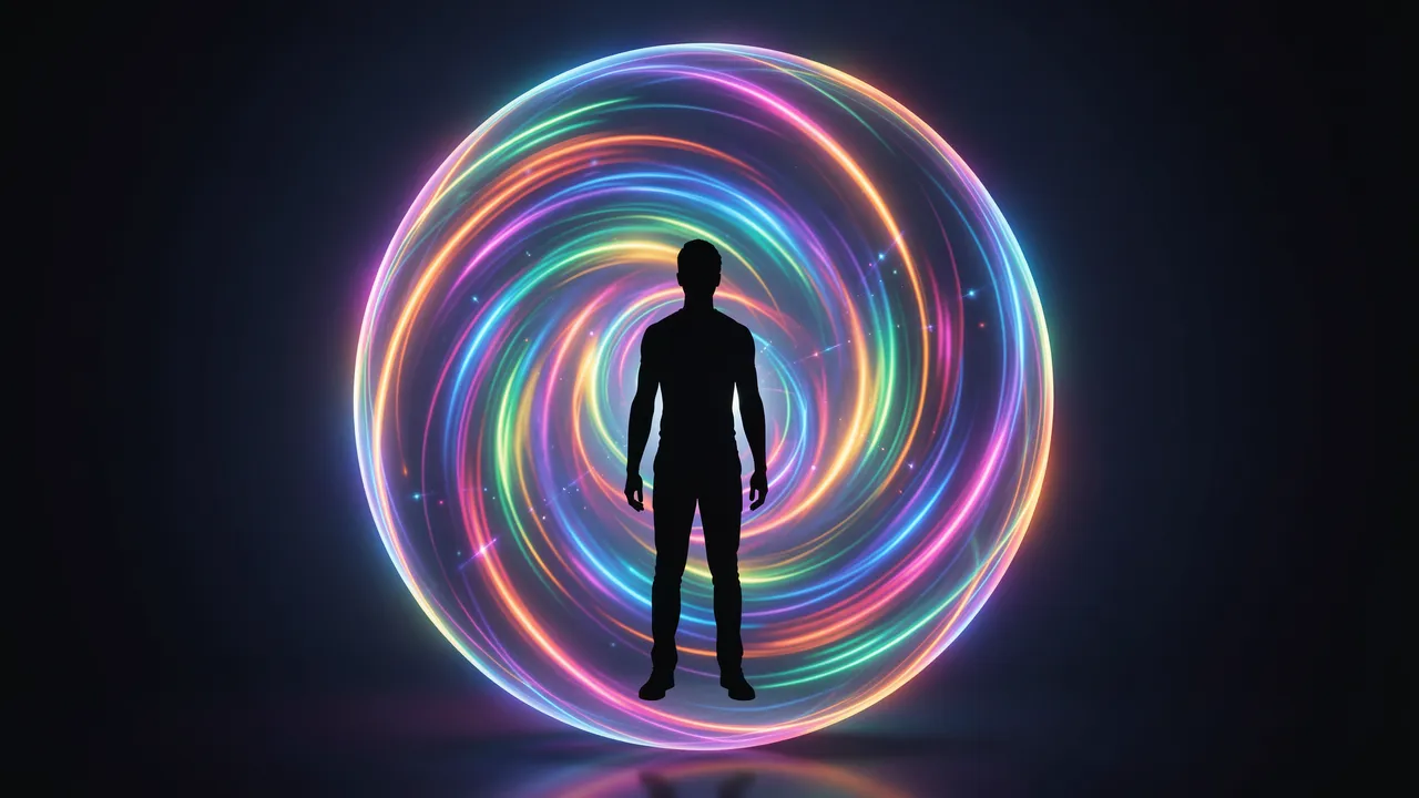 Dark person silhouette stands in front of a glowing swirling multicolored light sphere against a dark background
