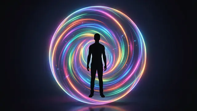 Dark person silhouette stands in front of a glowing swirling multicolored light sphere against a dark background