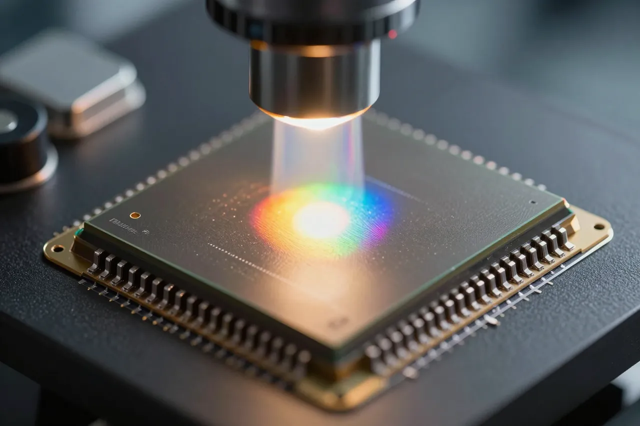 A close-up of a silicon semiconductor chip illuminated by a microscope lens with rainbow refraction on its surface
