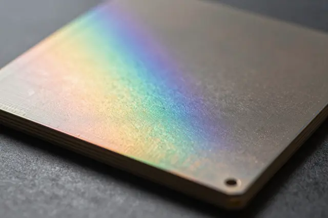 A close-up macro view of a stacked silicon wafer with iridescent rainbow reflections resting on a dark matte surface