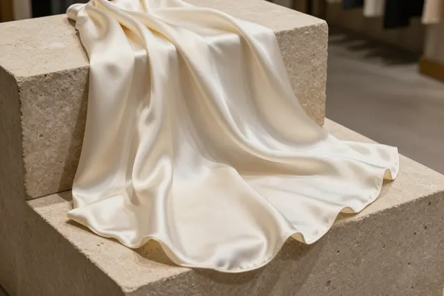 Creamy ivory silk fabric draped over stacked light travertine stone display blocks