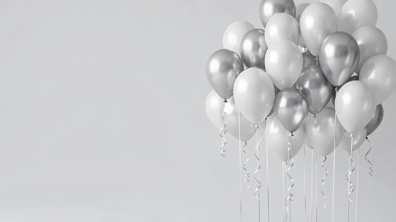Cluster of metallic silver and matte white balloons with curled ribbons sits on the right of a pale gray backdrop with empty