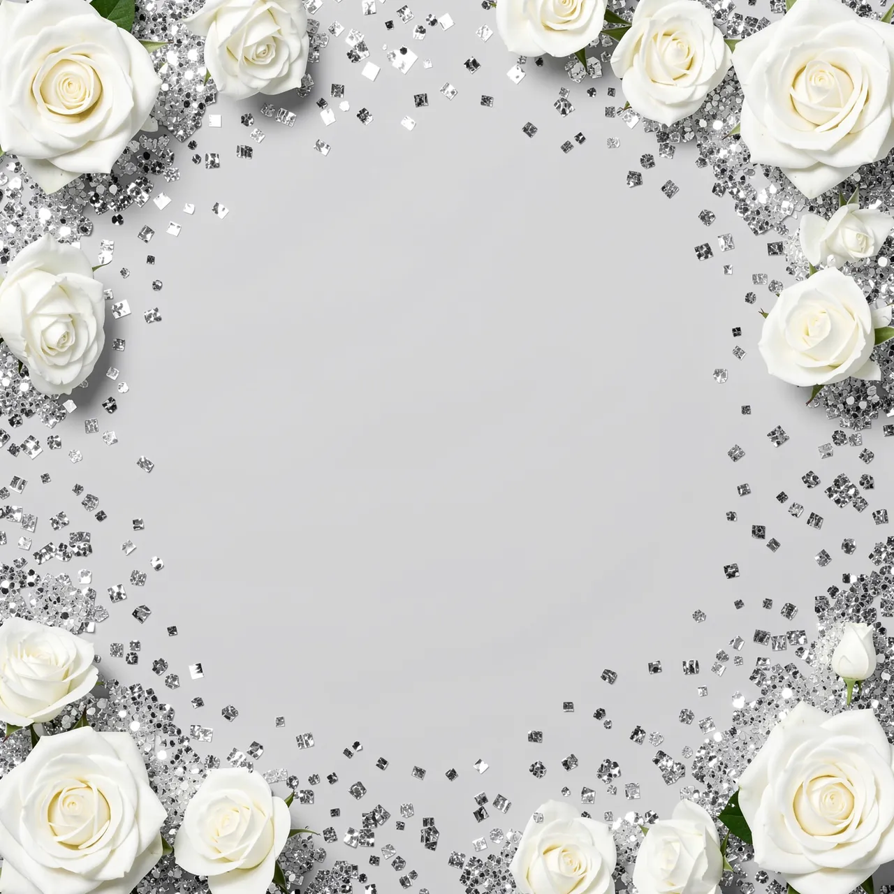A decorative border of white roses and sparkling silver confetti frames an empty pale gray center.