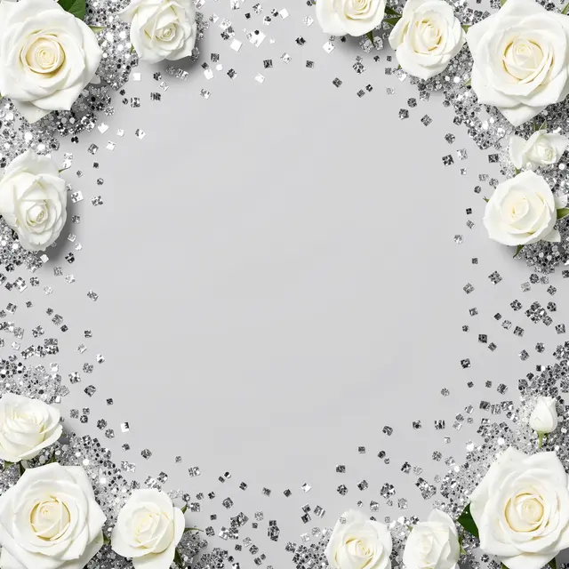 A decorative border of white roses and sparkling silver confetti frames an empty pale gray center.