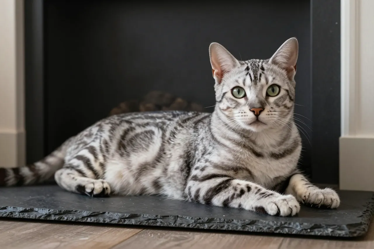 A silver Bengal cat with rosette markings lies relaxed on a dark slate fireplace hearth looking toward the camera.