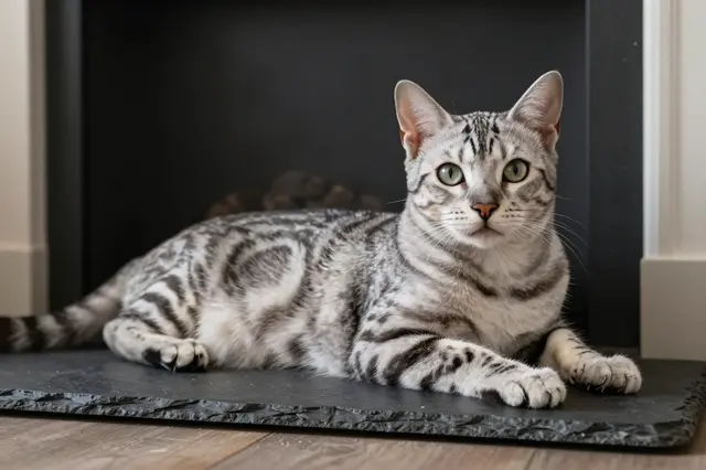 A silver Bengal cat with rosette markings lies relaxed on a dark slate fireplace hearth looking toward the camera.