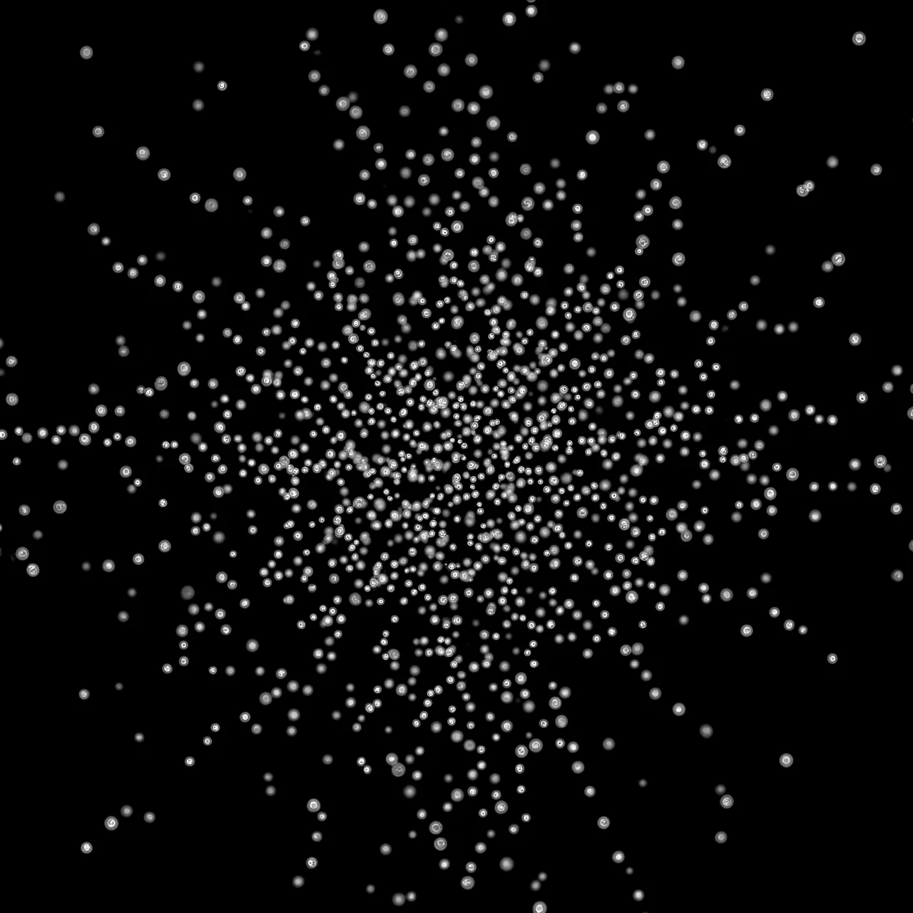 Dense scattered tiny silver circular bokeh dots float across a solid pure black background