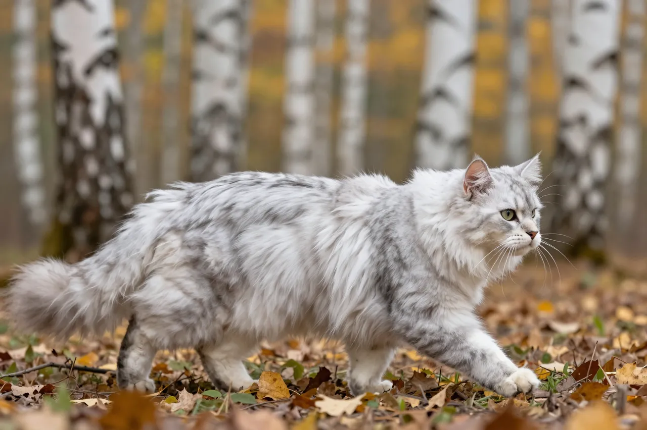 Side view of a fluffy silver longhair cat walking across fallen leaves in an autumn birch forest