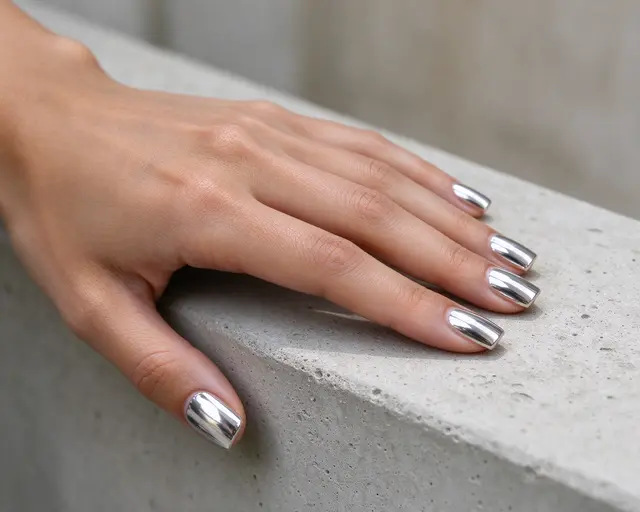 A woman's hand with square mirror silver chrome nails rests on a pale concrete ledge