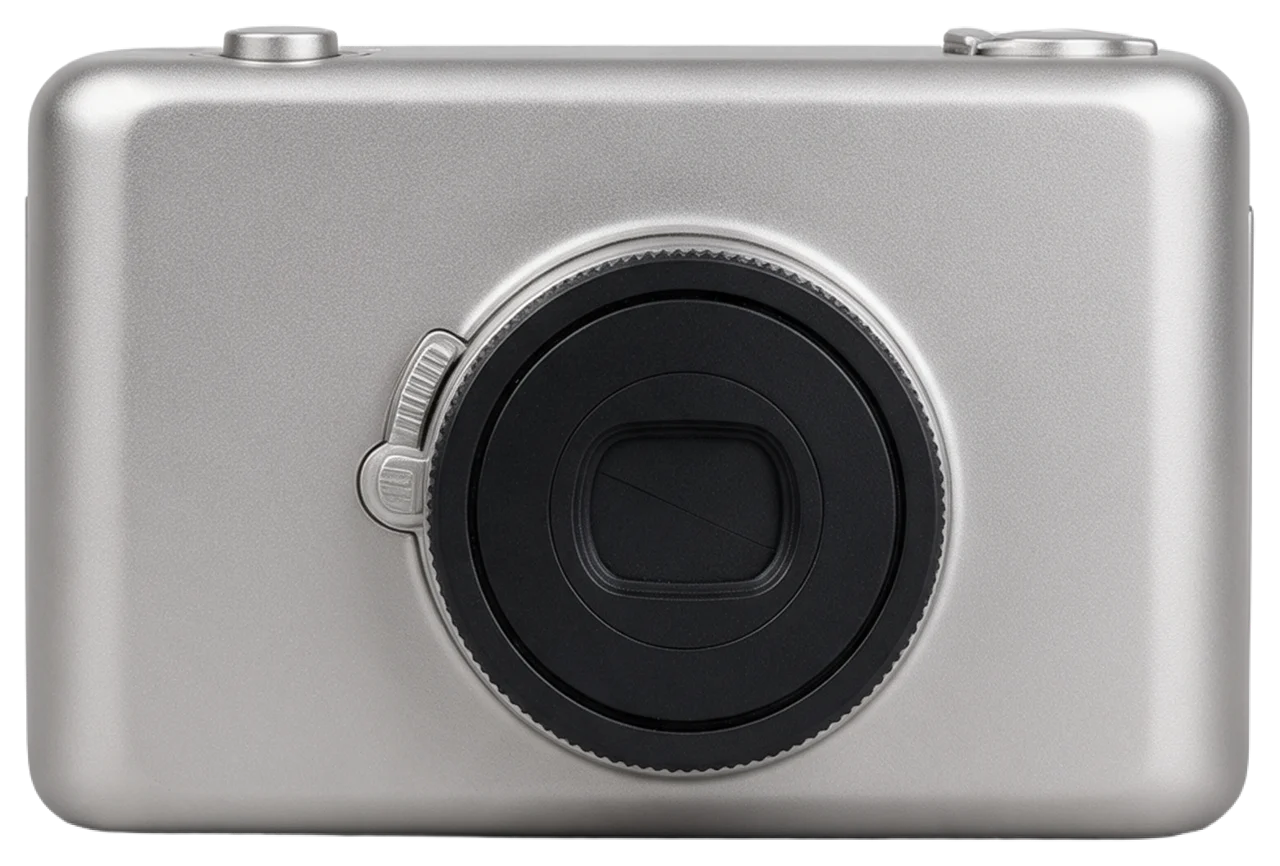 Front view of a sleek unmarked silver compact camera with a black lens assembly