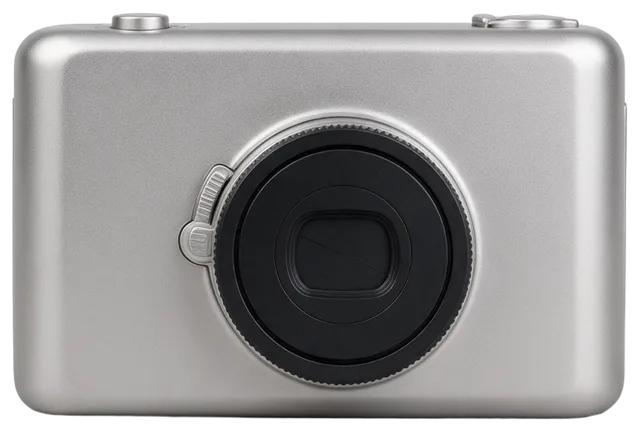 Front view of a sleek unmarked silver compact camera with a black lens assembly