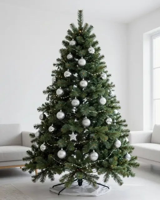 Lit Christmas tree with silver baubles stands in a bright white minimalist living room
