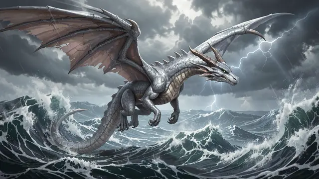 A scaly silver dragon flies above churning storm waves under a lightning-lit cloudy sky