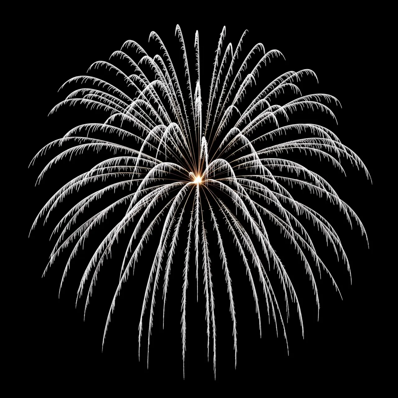 A round silver firework burst with drooping feathery trails glows against a solid pure black background